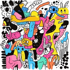Fototapeta premium Colorful Abstract Characters in Bright Primary Colors with Bold Black Dots and Lines Pop Art Digital Illustrations Vivid Energy Theme