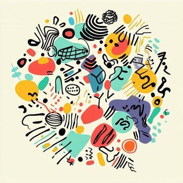 Abstract colorful shapes forming faces and hands in a circular pattern, vibrant digital illustration contemporary design mood
