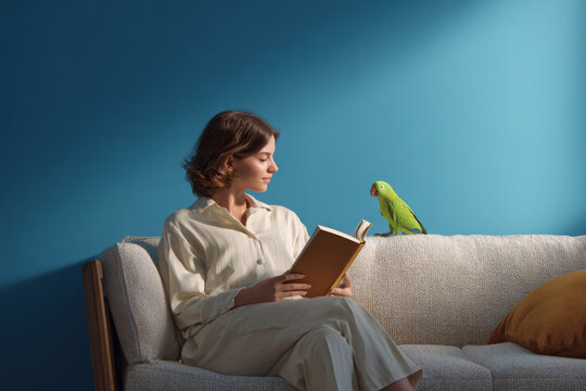 Young woman reading a book on a sofa with a green parrot beside her, set against a bold blue background in a modern interior.