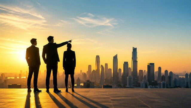Business Team Silhouette Pointing at Golden Cityscape