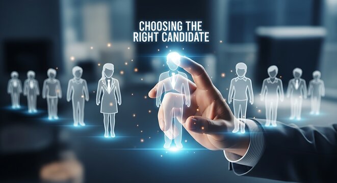 Recruitment and hiring concept. A recruiter's hand selects a glowing candidate profile from a line of holographic avatars, symbolizing choosing the right candidate.