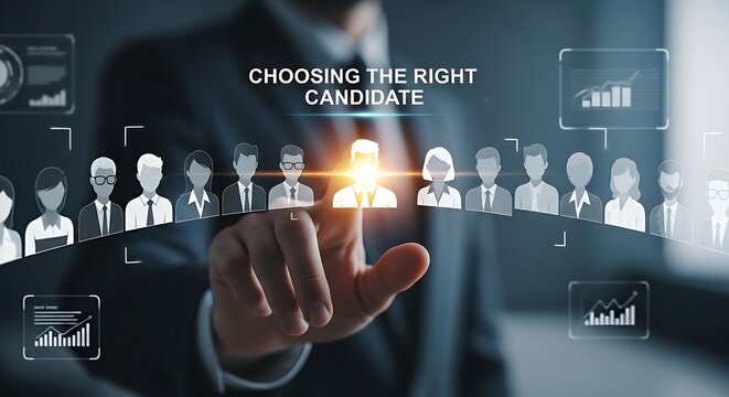 Recruitment and hiring concept. A recruiter's hand selects a glowing candidate profile from a line of holographic avatars, symbolizing choosing the right candidate.