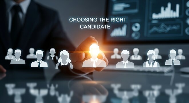 Recruitment and hiring concept. A recruiter's hand selects a glowing candidate profile from a line of holographic avatars, symbolizing choosing the right candidate.