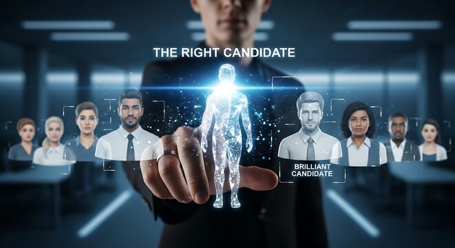 Recruitment and hiring concept. A recruiter's hand selects a glowing candidate profile from a line of holographic avatars, symbolizing choosing the right candidate.
