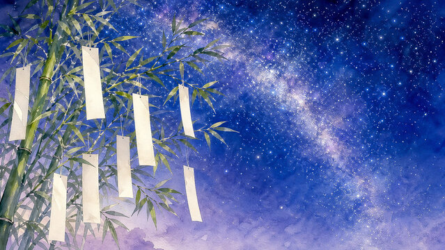 Tanabata Bamboo and Wish Strips Under Milky Way Night Sky