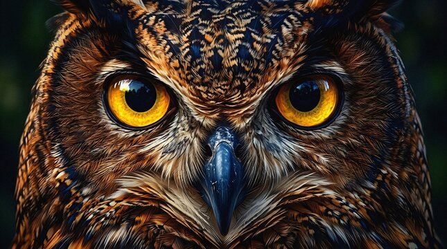 Owl face extreme close-up with intense piercing golden yellow eyes
