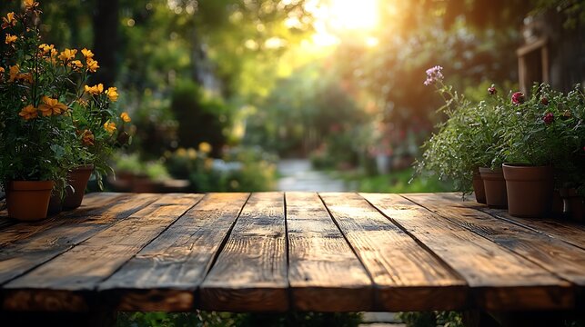 Wooden table outdoor garden background