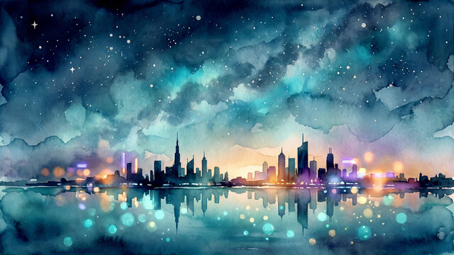 Watercolor Pink City Skyline Milky Way Cherry Petals Night
