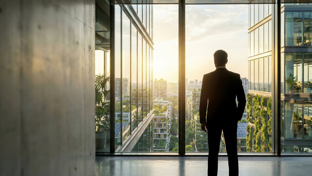 Businessman Silhouette Looking at Green Sustainable Cityscape Window