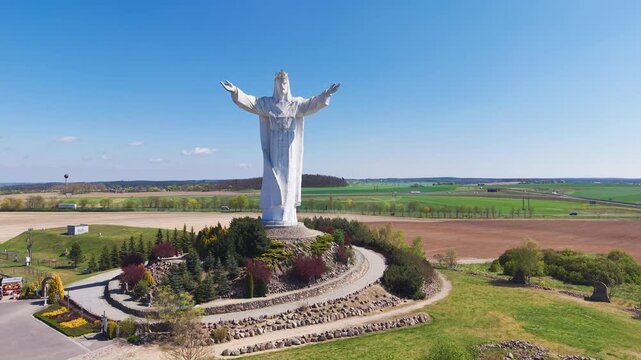 Close up and rise up view the biggest Jesus figure in the world near S3 expressway in Poland. Monument of Christ the King (Pomnik Chrystusa Krola) in Swiebodzin near Poznan in Poland, Europe