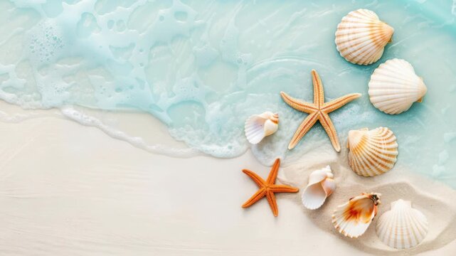 Coastal Treasures: A serene composition featuring seashells and starfish adorning a pristine sandy beach, caressed by the gentle waves, evoking a sense of calm and the beauty of the seaside.