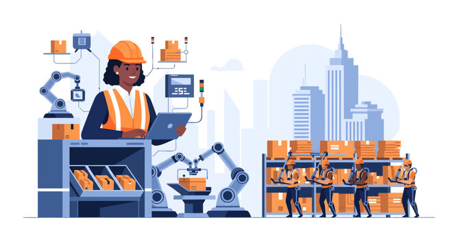 Woman engineer supervising automated factory production line with robotic arms and warehouse workers stacking boxes.