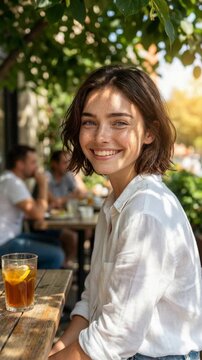 Young woman with freckles smiling at outdoor cafe table with iced tea, medium shot, eye level
