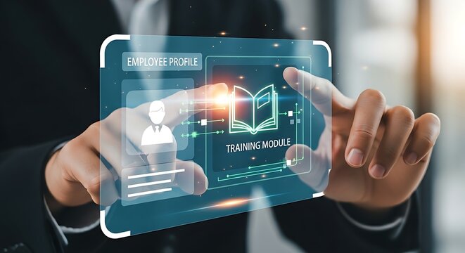 Employee training and development. An HR professional's hands assign a 'training module' (book icon) to an employee profile on a holographic interface