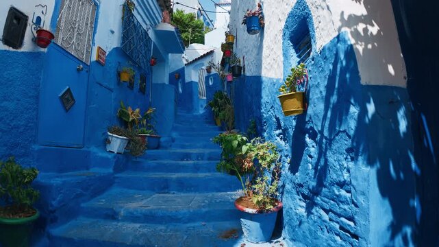 Watching Up To The Sky in The Blue City Of Chefchaouen, Morocco