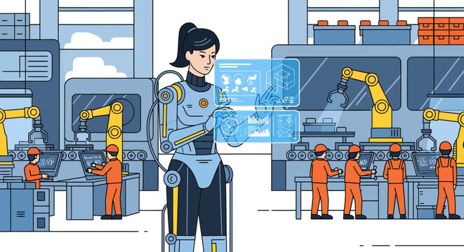 Futuristic female engineer in exoskeleton interacting with holographic interface in automated smart factory with human workers and robotic arms.