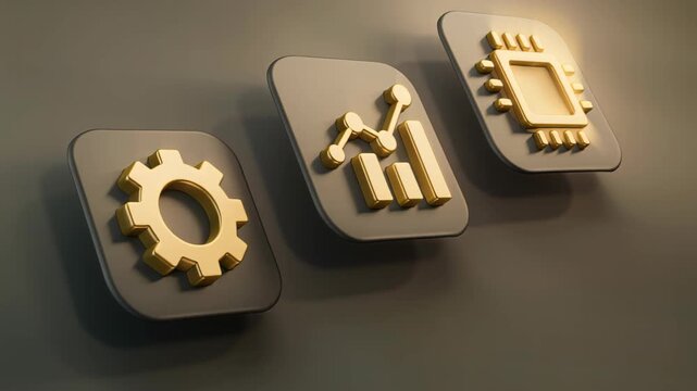 Technological Trio: A striking trio of golden icons - a gear, a data chart, and a CPU - are gracefully arranged on a minimalist background, symbolizing innovation and technological advancement.