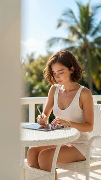 Young woman in white tank top using digital tablet with stylus on balcony, eye level shot