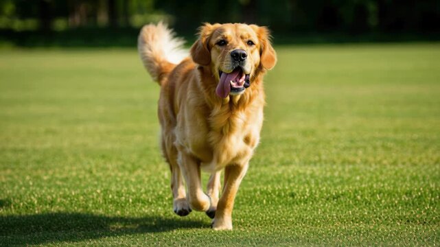 Golden Retriever's Joyful Sprint: A golden retriever bounds through a lush, green field, radiating pure happiness. Its tongue lolling out in a gesture of unbridled joy.