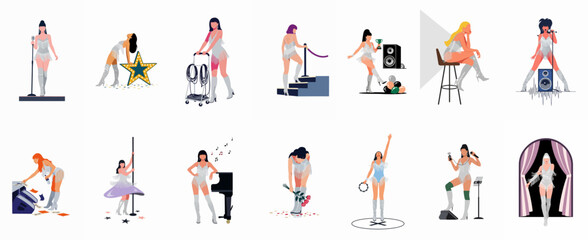 Flat vector illustration set of a female pop star singer in various stage performance, backstage, and rehearsal poses and scenarios. © Sepuluh