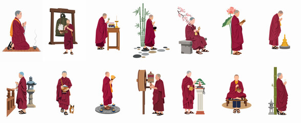 Collection of Twelve Illustrations of Buddhist Monks in Traditional Red Robes Performing Various Spiritual and Daily Activities on a White Background © Sepuluh