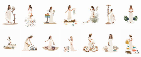 Fototapeta premium Collection of flat bohemian bride illustrations in white wedding dresses, featuring beach and nature elements, floral crowns, and aesthetic bridal fashion.