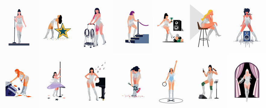 Flat vector illustration set of a female pop star singer in various stage performance, backstage, and rehearsal poses and scenarios.