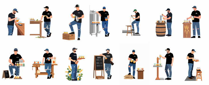 Collection of flat illustrations showing a male brewer in a black t-shirt and jeans pouring and serving craft beer in a brewery setting.
