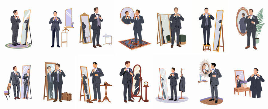Collection of illustrations of a man in a formal tuxedo getting ready for a wedding or special event in front of various mirrors.