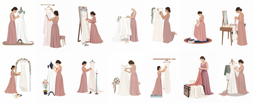Set of illustrations depicting bridesmaids and brides preparing, fitting, and handling elegant wedding dresses in a minimalist flat vector style.