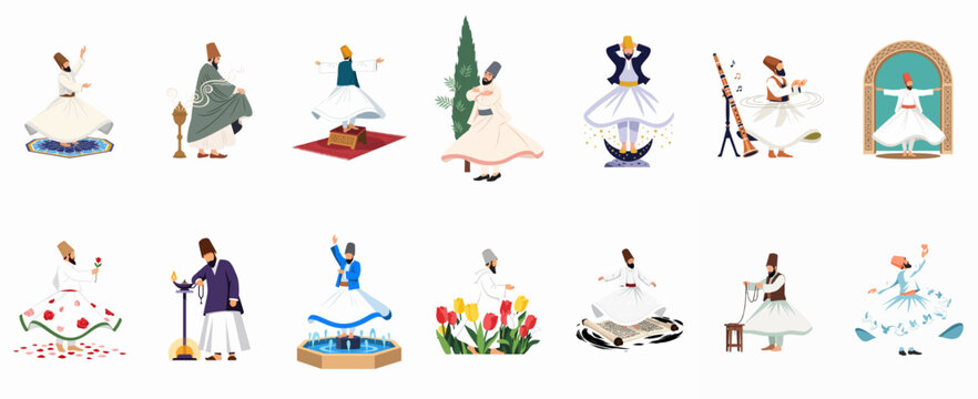 Set of Whirling Dervish illustrations representing Sufi spirituality, Mevlevi tradition, and Rumi's mystical dance in various symbolic settings.