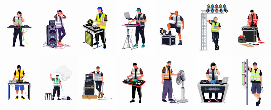 Collection of flat vector characters depicting DJs and stage technicians in high-visibility safety vests working with music and lighting equipment.