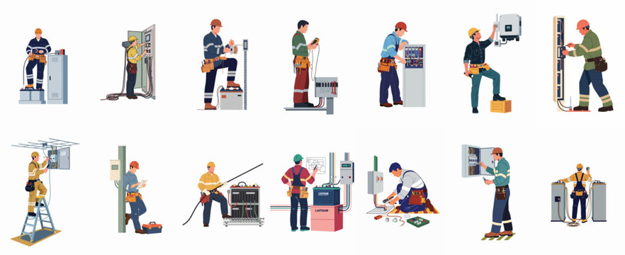 Collection of diverse flat design illustrations depicting professional electricians performing maintenance, repairs, and installations on various electrical systems and equipment.