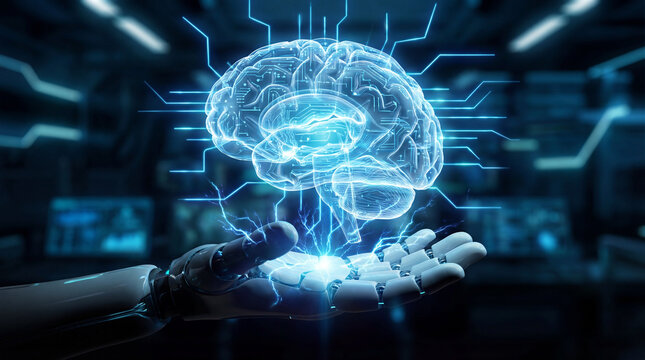 AI brain hologram with robotic hand in futuristic network lab
