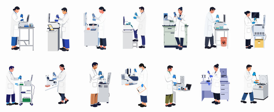 Flat illustration set of diverse scientists and lab technicians working with specialized equipment in a modern medical or biotechnology research laboratory.
