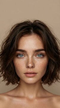 Young woman with brown hair and blue eyes looking at camera against beige background close up