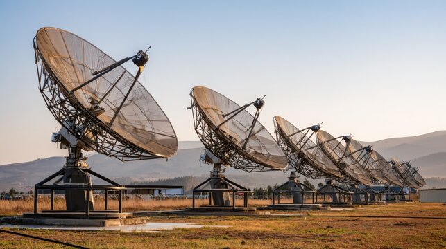 A row of large parabolic satellite dishes used for telecommunication and data transmission outdoors