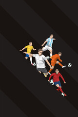 Obraz premium Black diagonal striped vertical background with colorful polygon football players various action have blank space.