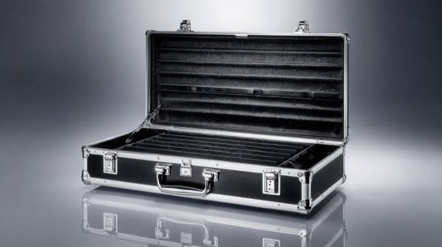Sleek black metal business briefcase with polished chrome latches open, ready for contents