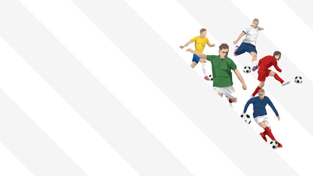 Gray and white diagonal striped background with colorful polygon football players various action have blank space.