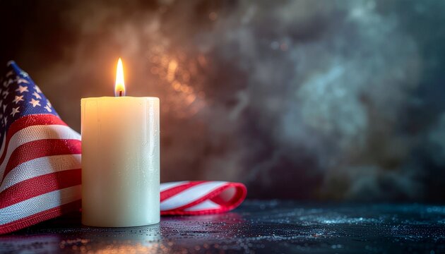 Memorial Candle with American Flag and Soft Glow on Dark Background for Patriot Day Remembrance Tribute