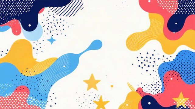 Abstract art flow of color: A vibrant composition of colorful fluid shapes, scattered dots and playful stars. The overall design evokes a sense of joy and artistic expression.