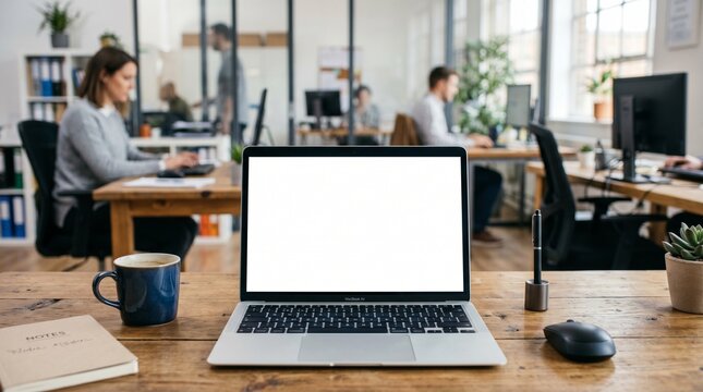 Laptop mockup photo with white screen with office background for information purposes made by AI generative
