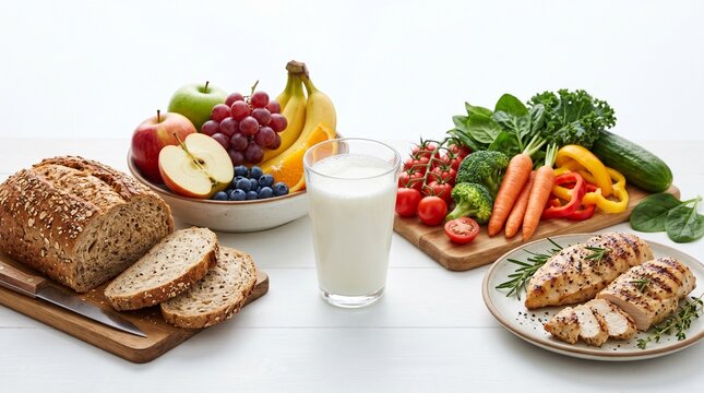 photo of a collection of healthy, complete, nutritious and wholesome foods with a white background made by AI generative