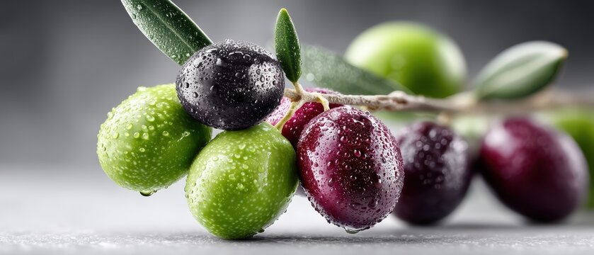olive branch showcases vibrant, ripening olives in studio light
