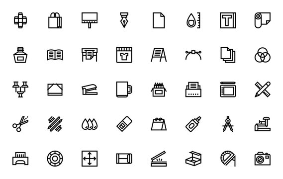 Print icon set. Vector graphics collection featuring stationery, shopping bag, pen, file, poster, printer, calendar, camera and more. Editable stroke design.