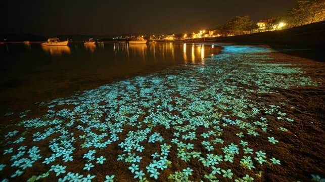 Glimmering phosphorescent algae bloom illuminates tranquil ocean shoreline at night.