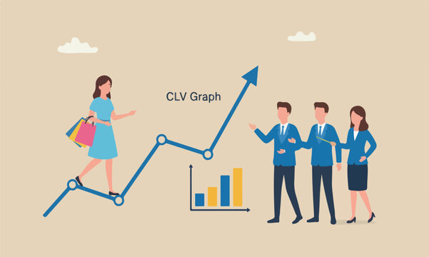 Customer teams customer, advertising or marketing cost concept, young customer woman with shopping bags walk on CLV graph and chart