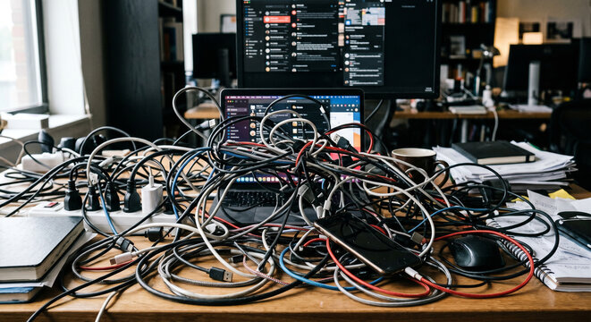 Chaos and Disarray A Messy Desk with Tangled Wires and Electronic Devices Overlapping