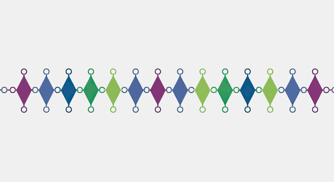Chain of linked diamond shapes in repeating purple, blue, and green hues